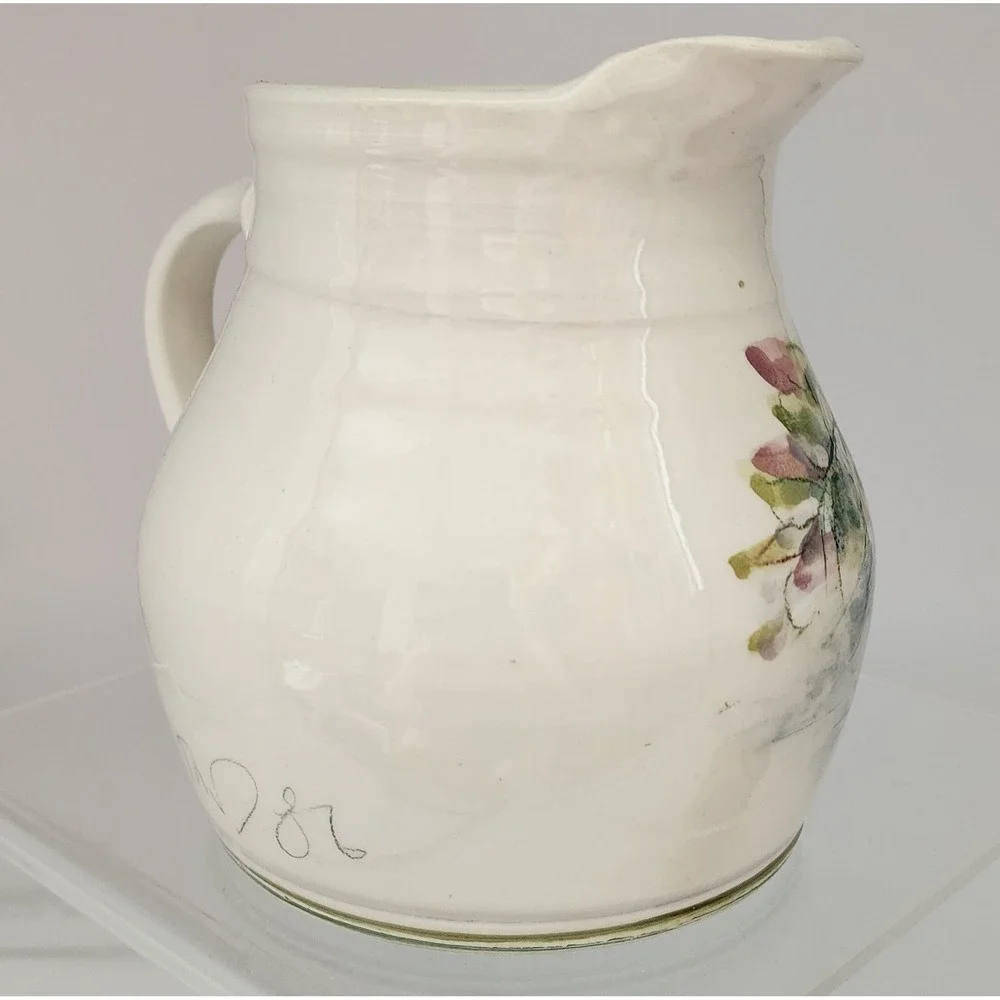 Studio Pottery Floral Pitcher Signed 1986 Cream Lavender Pink Excellent 6in